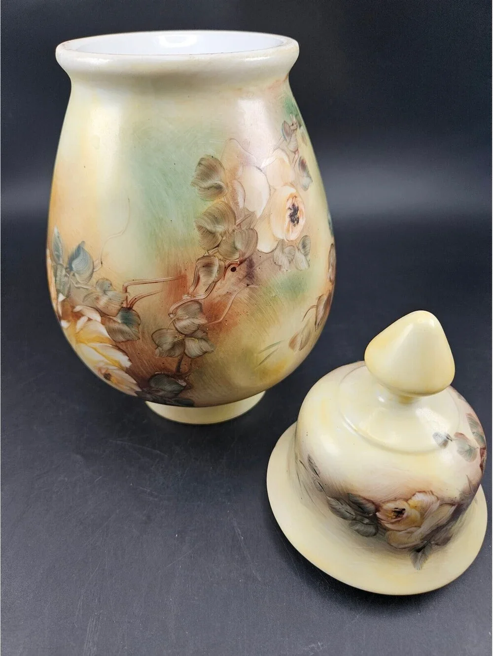 Vintage Hand Painted Yellow Rose Ginger Jar Signed Suzete 11